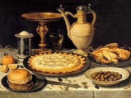 Still life with a tart- roast chicken- bread- rice and olives 